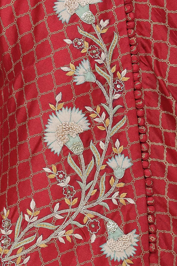 Red embroidered asymmetric kurta with palazzo pants set available only at Pernia's Pop Up Shop.