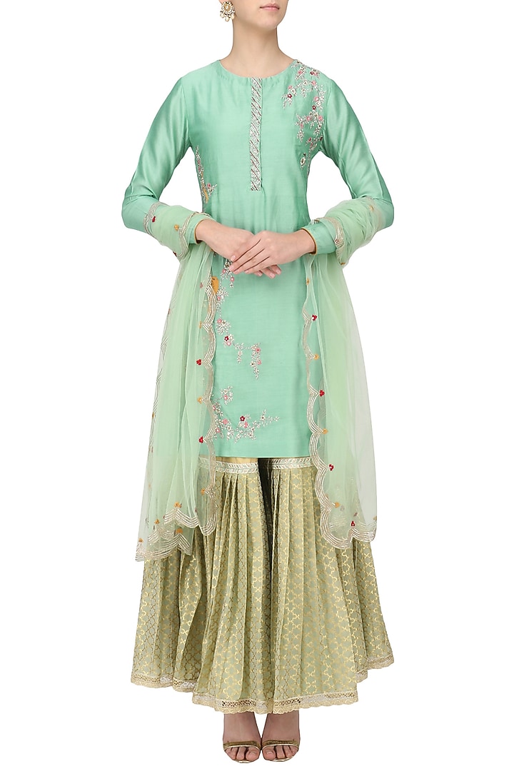Sage green embroidered kurta with gharara set available only at Pernia's Pop Up Shop.