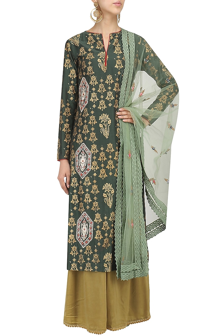 Emerald green embroidered kurta and palazzo pants set available only at Pernia's Pop Up Shop.
