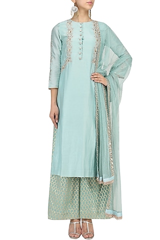 Powder Blue Floral Work Kurta and Palazzo Pants Set by KAIA