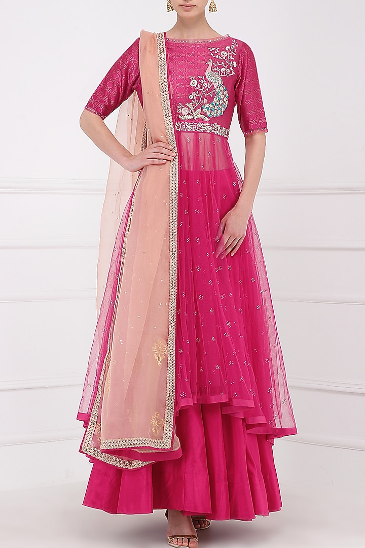 Pink embroidered kurta with lehenga skirt set available only at Pernia's Pop Up Shop.