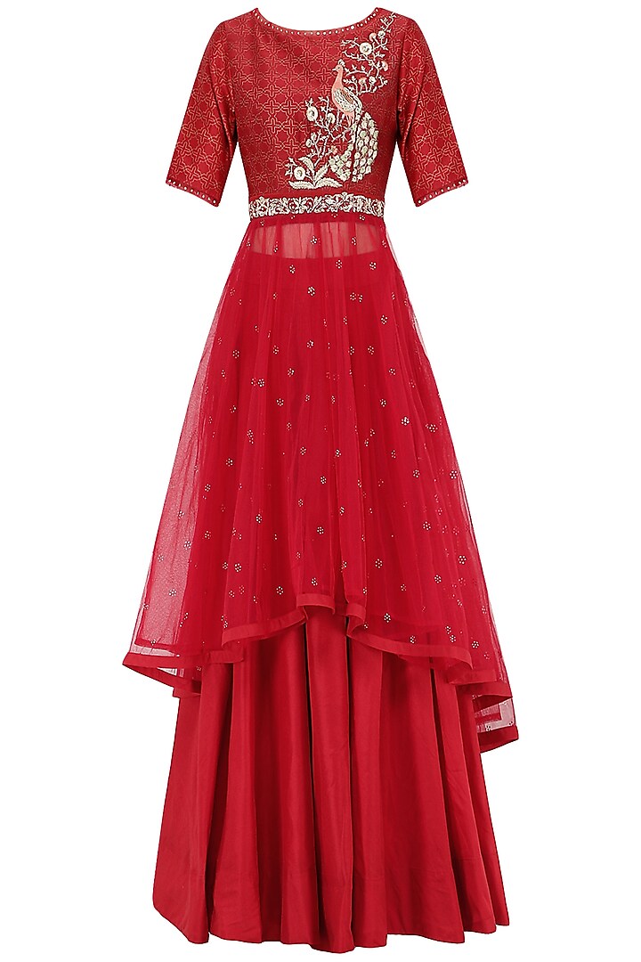 Red Embroidered Kurta With Lehenga Skirt Set by KAIA