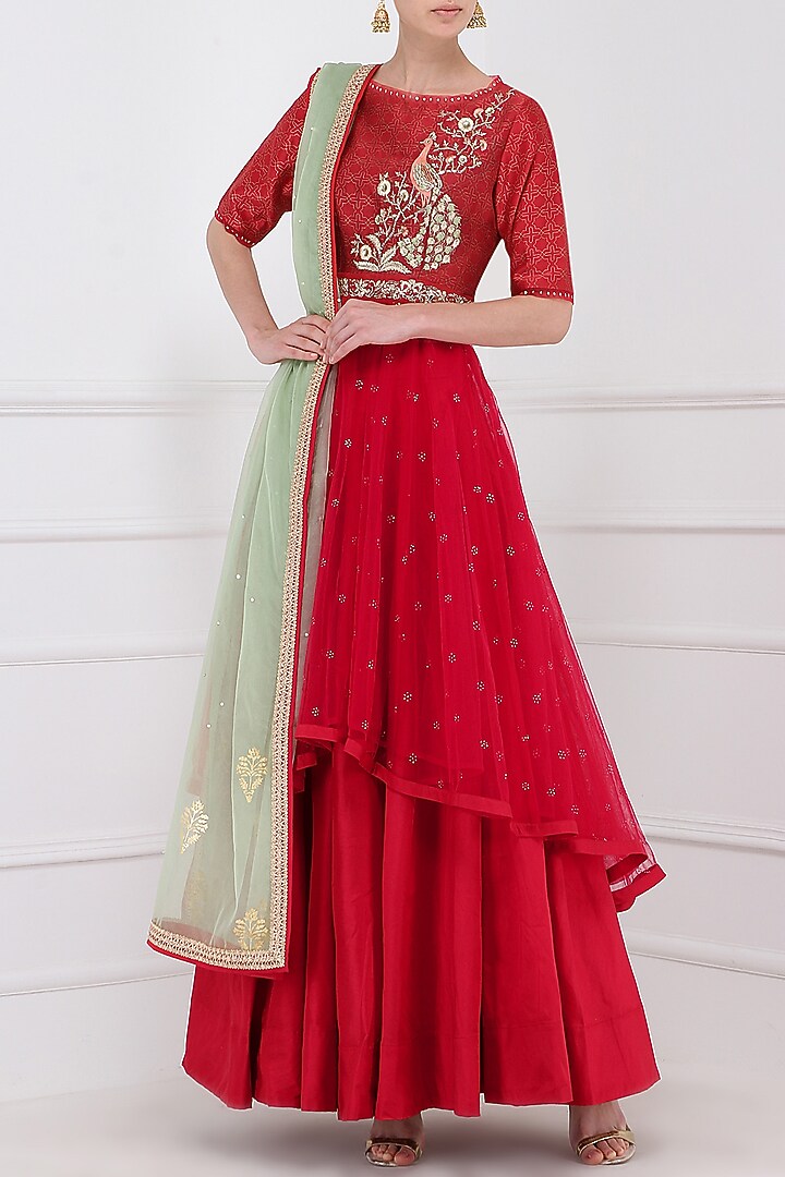 Red embroidered kurta with lehenga skirt set available only at Pernia's Pop Up Shop.