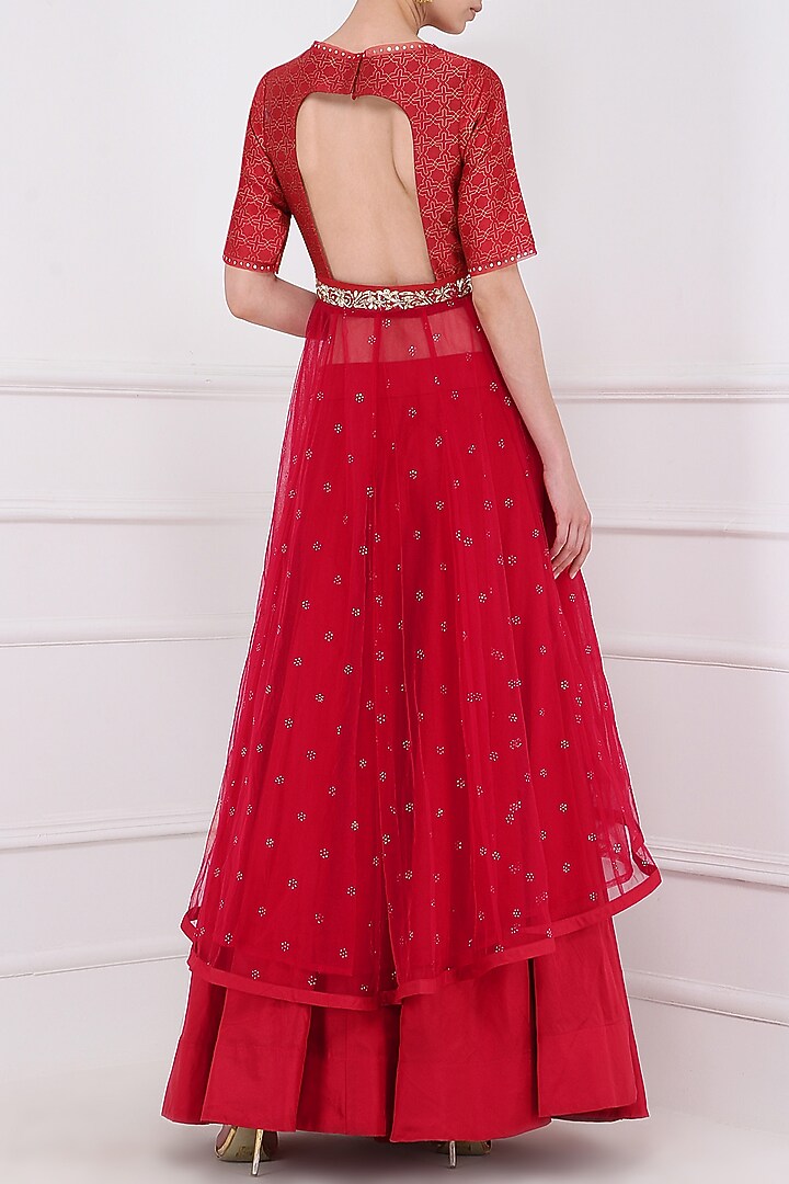 Red embroidered kurta with lehenga skirt set available only at Pernia's Pop Up Shop.