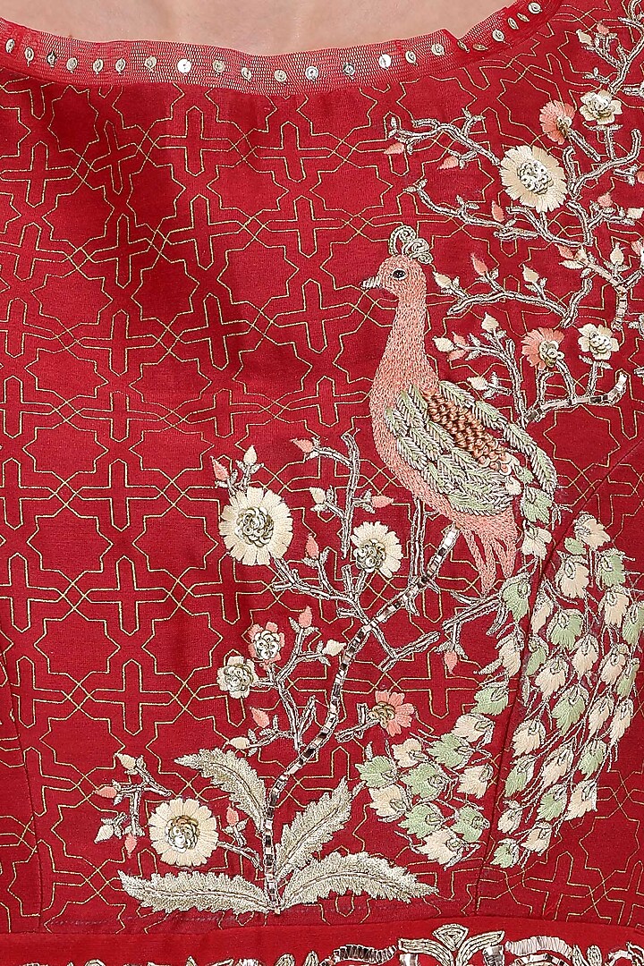 Red embroidered kurta with lehenga skirt set available only at Pernia's Pop Up Shop.