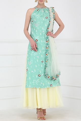 Powder Blue Embroidered Kurta With Sharara Pants Set by KAIA