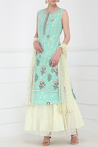 Powder Blue Embroidered Kurta With Lehenga Skirt Set by KAIA
