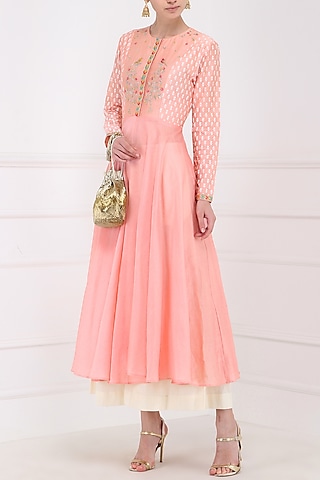 Salmon Pink Embroidered Kurta With Palazzo Pants by KAIA