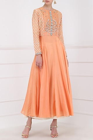 Orange Embroidered Kurta With Palazzo Pants by KAIA