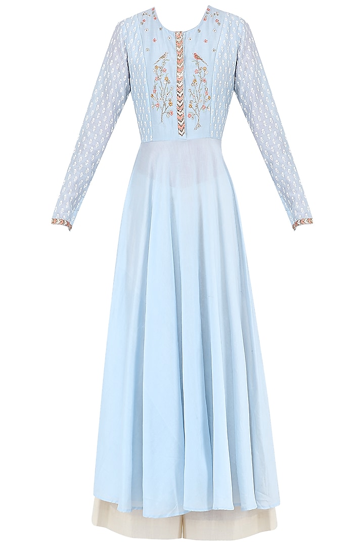 Pale Blue Embroidered Kurta With Palazzo Pants by KAIA
