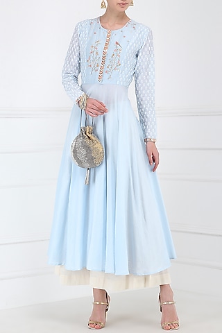 Pale Blue Embroidered Kurta With Palazzo Pants by KAIA