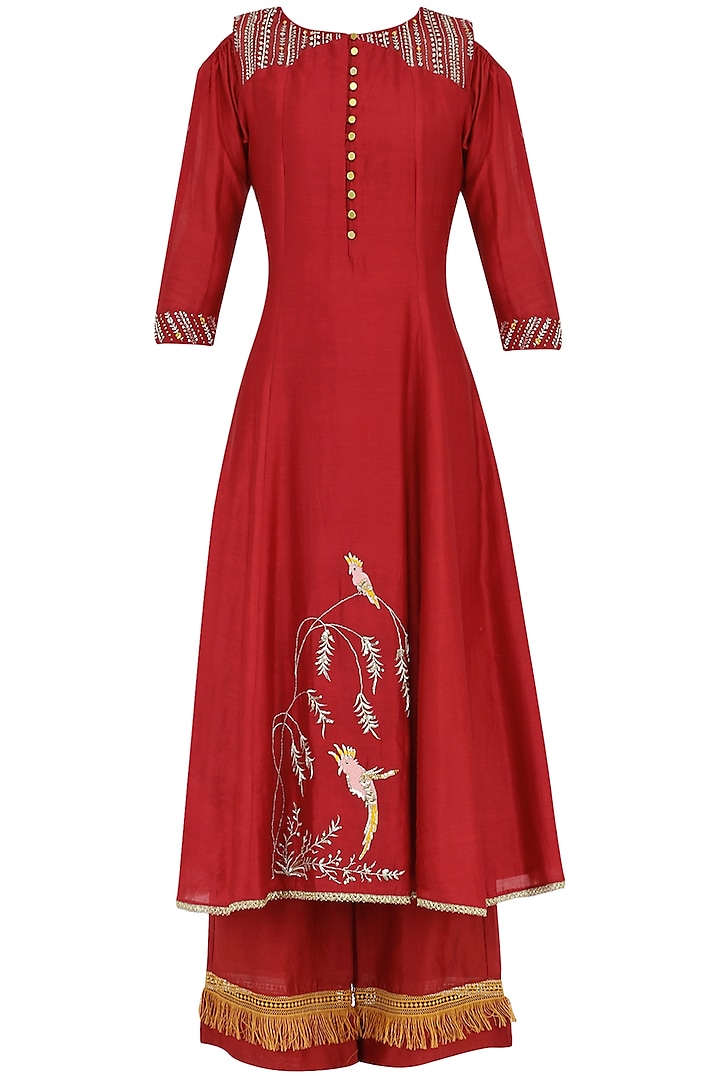 Red Embroidered Kurta With Palazzo Pants by KAIA