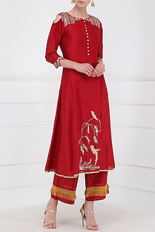 Red Embroidered Kurta With Palazzo Pants by KAIA