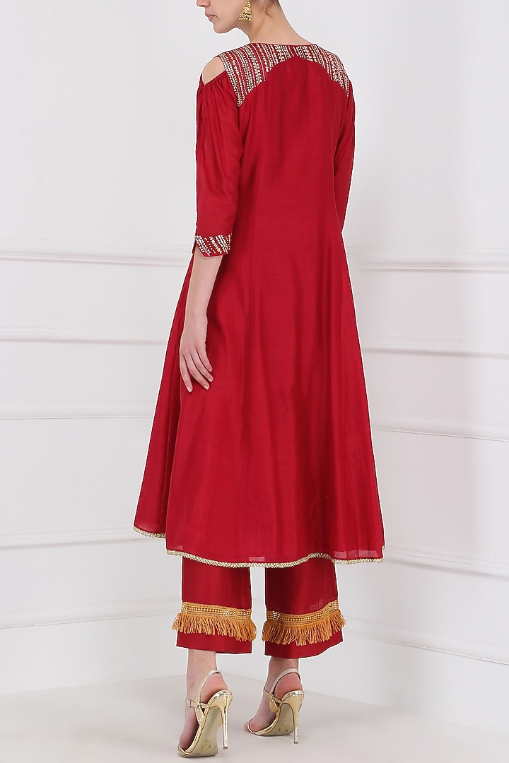 Red embroidered kurta with palazzo pants available only at Pernia's Pop Up Shop.