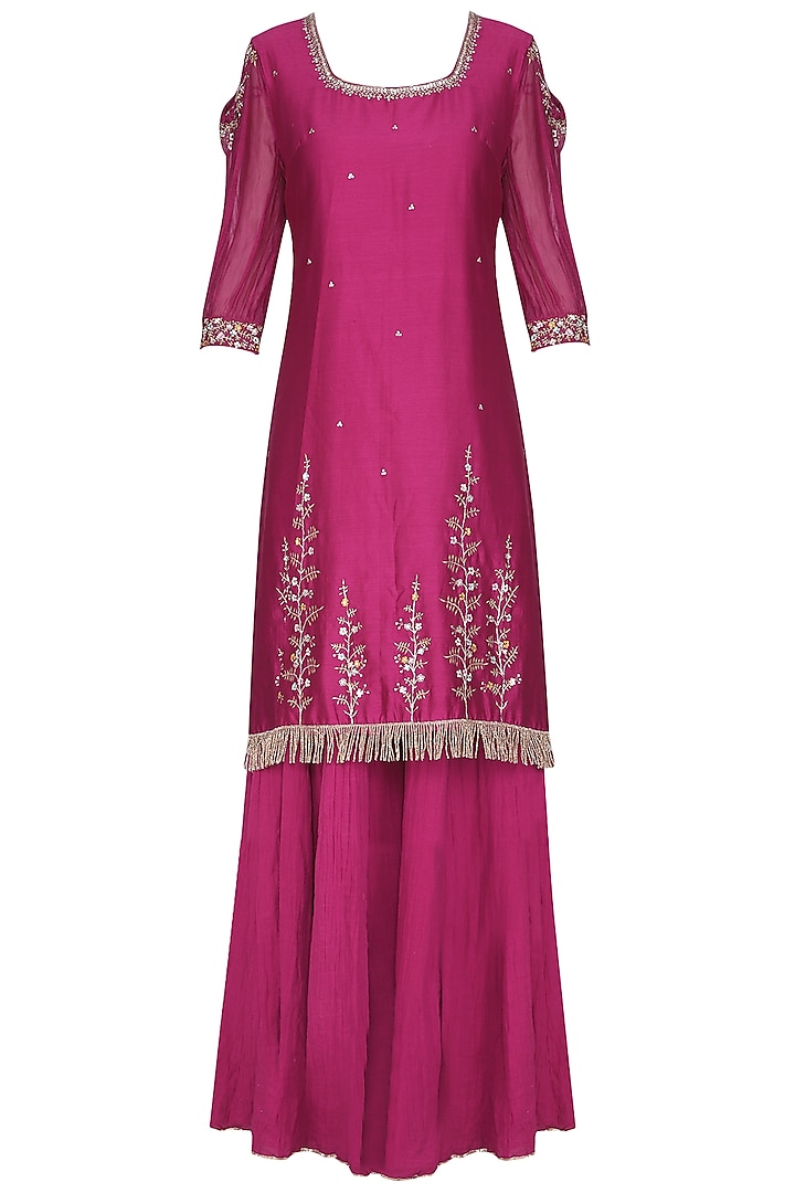 Magenta Pink Embroidered Kurta with Sharara Pants Set by KAIA