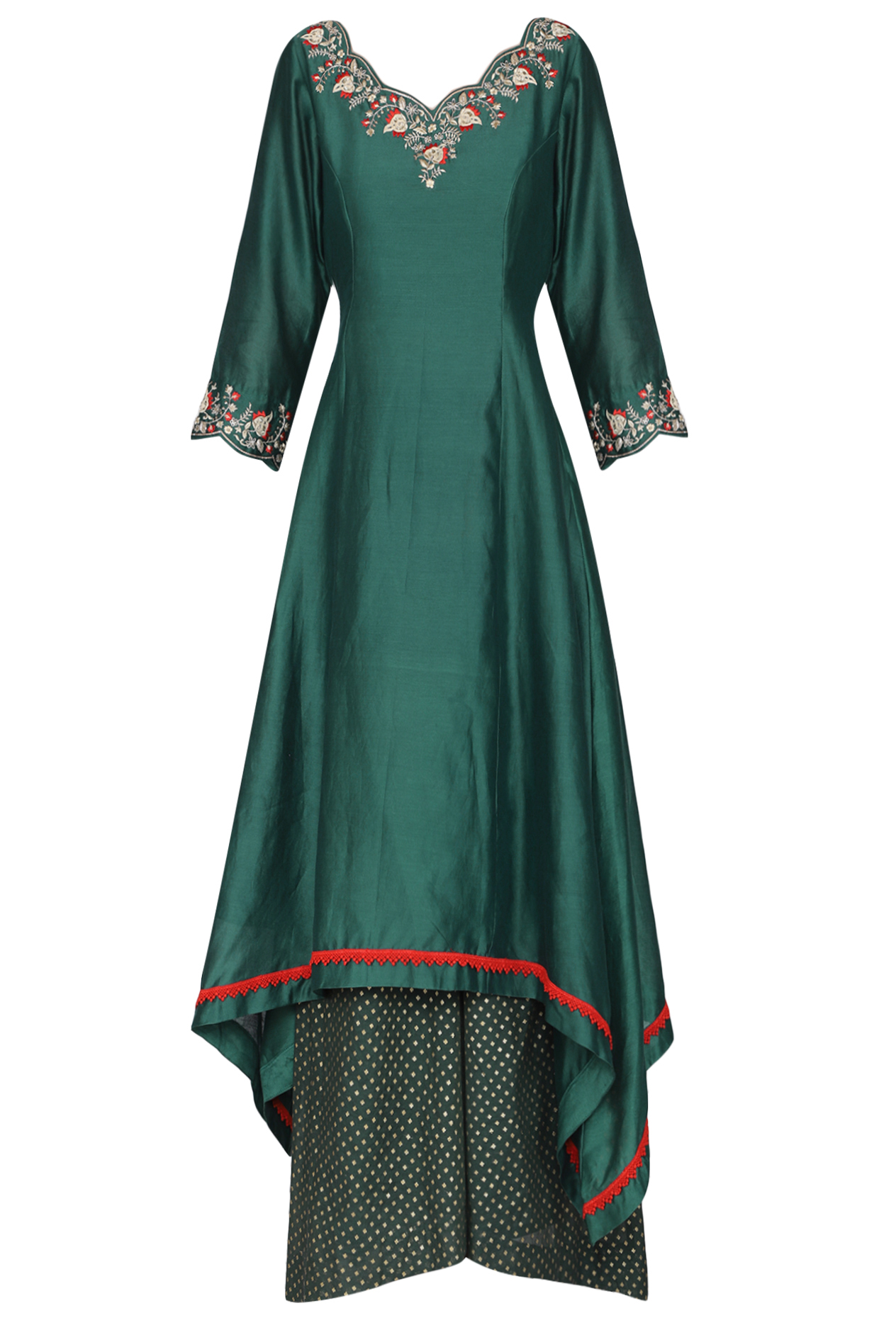 Spruce Green Embroidered Asymmetrical Kurta Set by KAIA