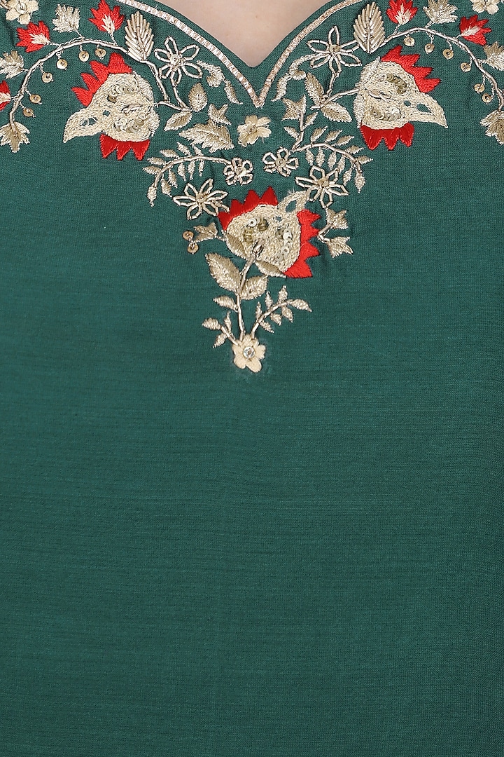 Spruce green embroidered asymmetrical kurta set available only at Pernia's Pop Up Shop.