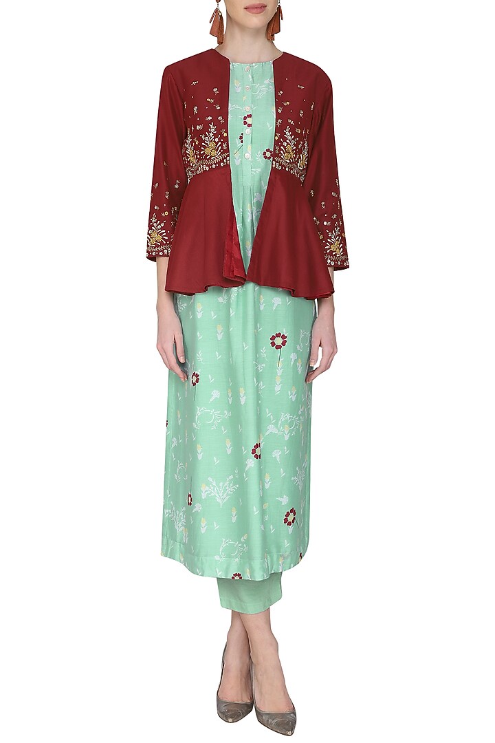 Maroon embroidered peplum jacket with aqua blue kurta and pants available only at Pernia's Pop Up Shop.