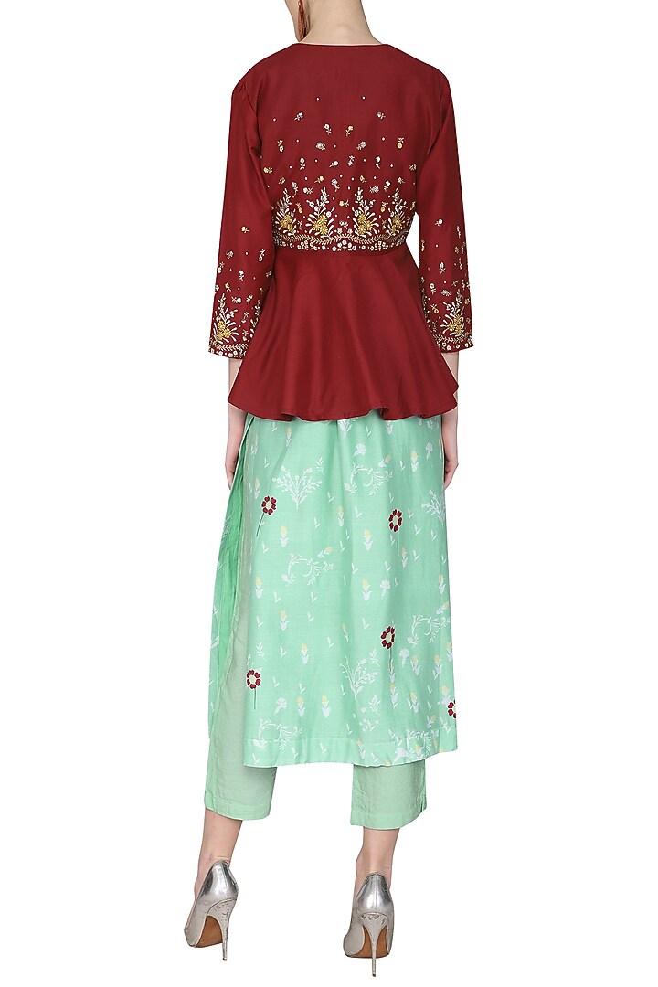 Maroon embroidered peplum jacket with aqua blue kurta and pants available only at Pernia's Pop Up Shop.
