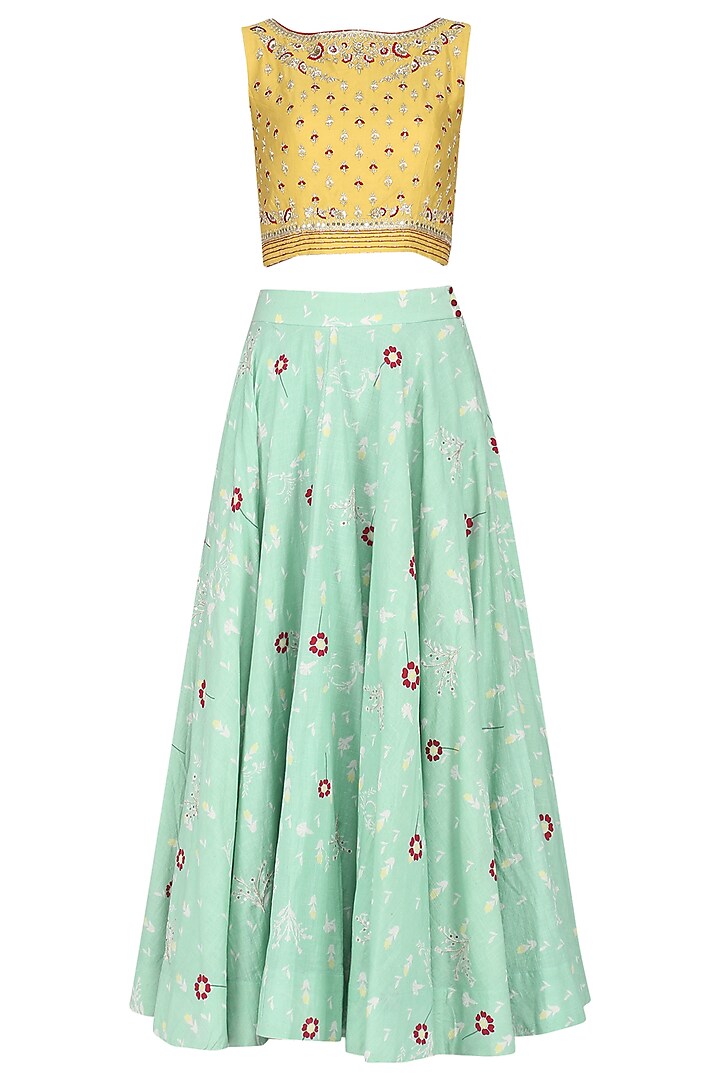 Yellow and Blue Embroidered Lehenga Set by KAIA