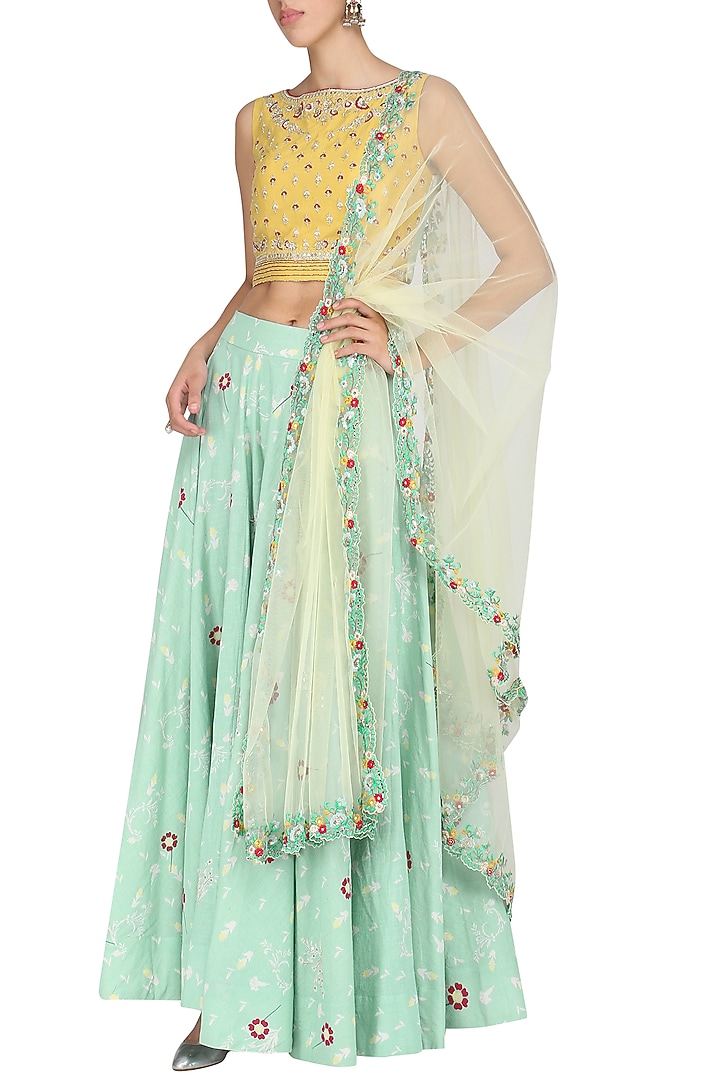 Yellow and blue embroidered lehenga set available only at Pernia's Pop Up Shop.