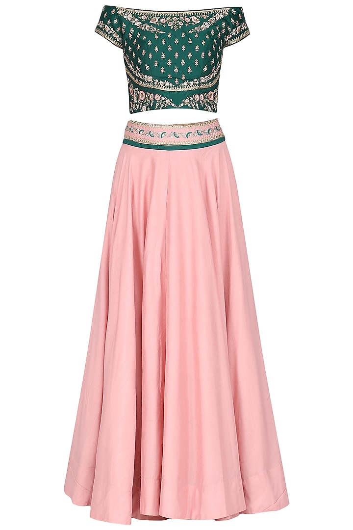 Green Off Shoulder Embroidered Blouse with Pink Skirt by KAIA