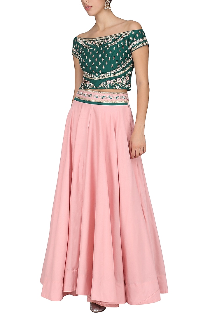 Green off shoulder embroidered blouse with pink skirt available only at Pernia's Pop Up Shop.