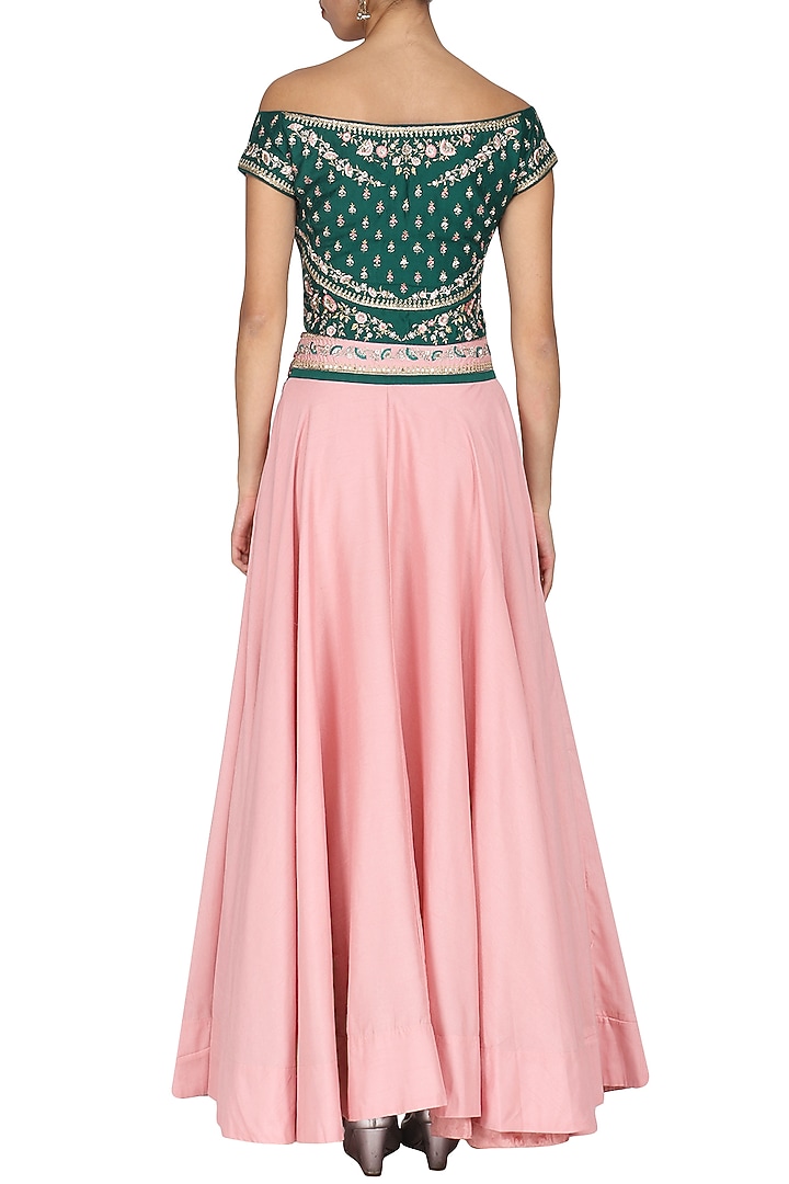 Green off shoulder embroidered blouse with pink skirt available only at Pernia's Pop Up Shop.