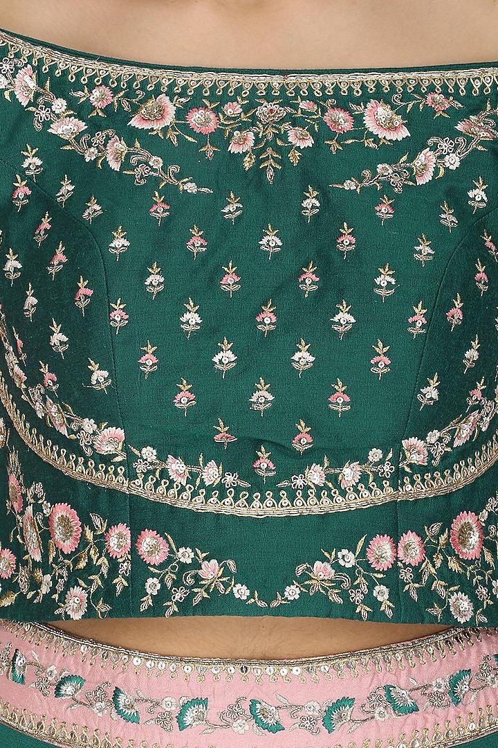 Green off shoulder embroidered blouse with pink skirt available only at Pernia's Pop Up Shop.