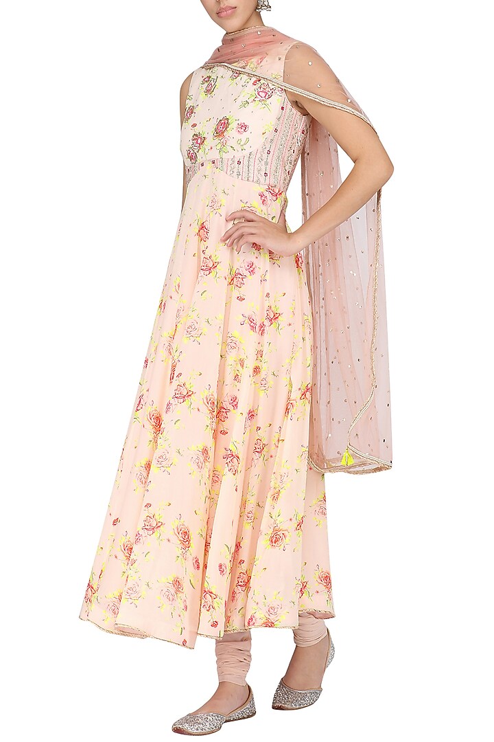 Peach floral printed anarkali set available only at Pernia's Pop Up Shop.