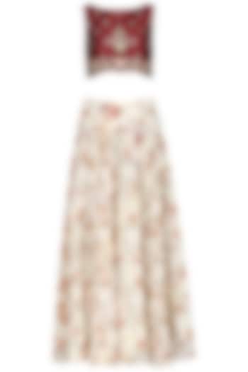 Brown Embroidered Blouse with Off White Skirt by KAIA
