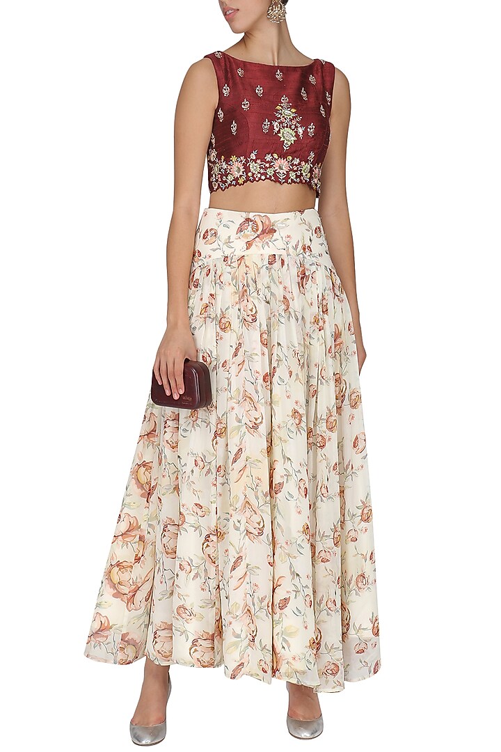 Brown embroidered blouse with off white skirt available only at Pernia's Pop Up Shop.