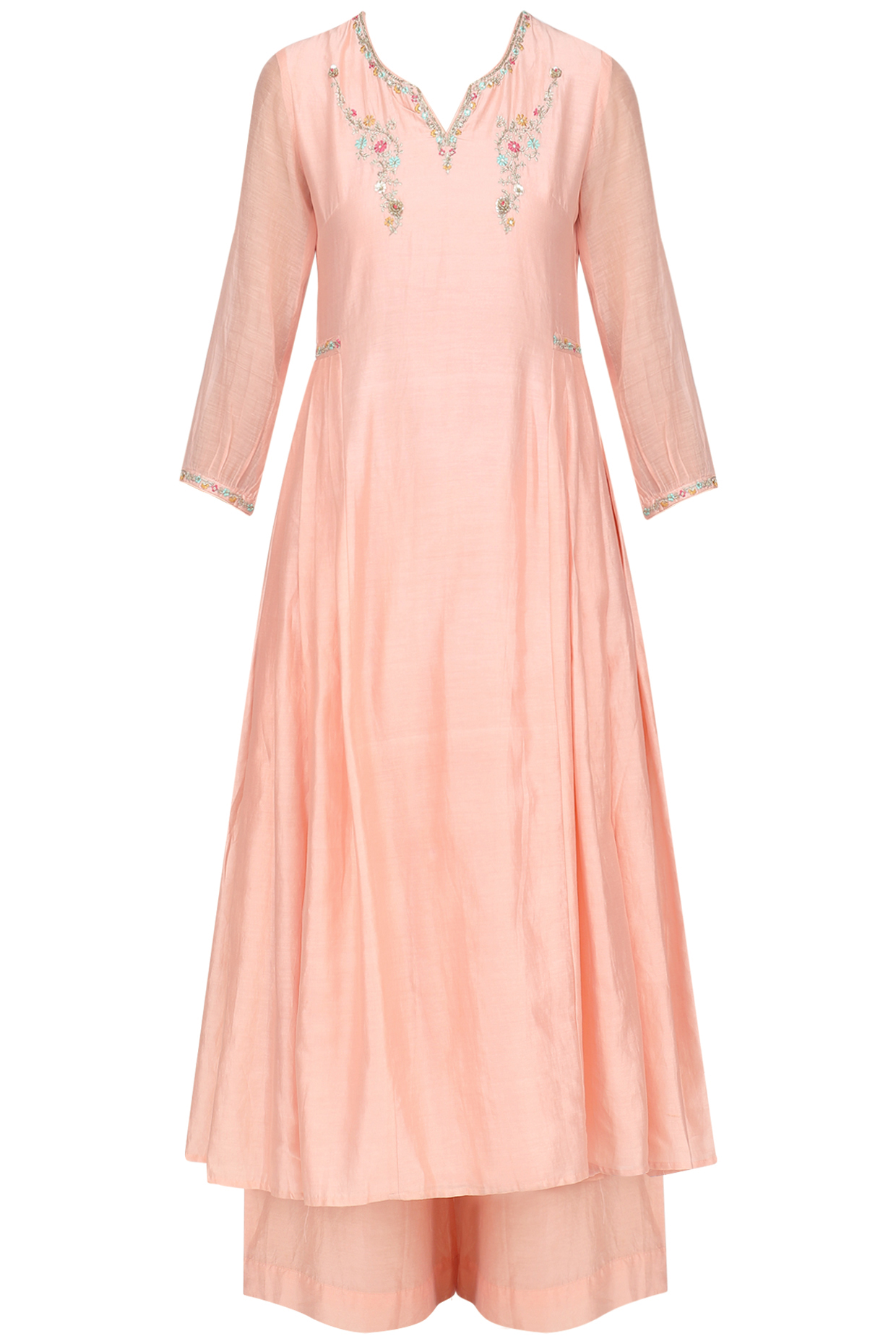 Salmon pink embroidred kurta set available only at Pernia's Pop Up Shop. 