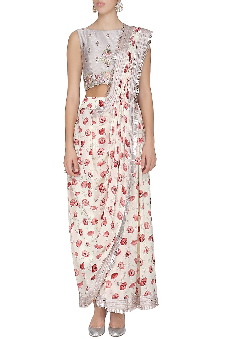 Off white and grey embroidered draped saree available only at Pernia's Pop Up Shop.