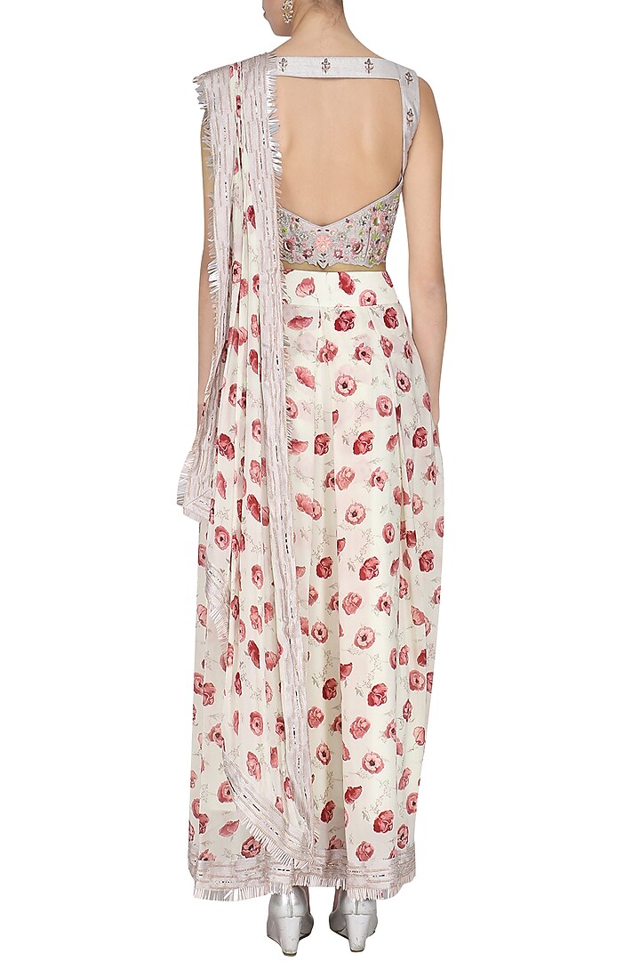Off white and grey embroidered draped saree available only at Pernia's Pop Up Shop.