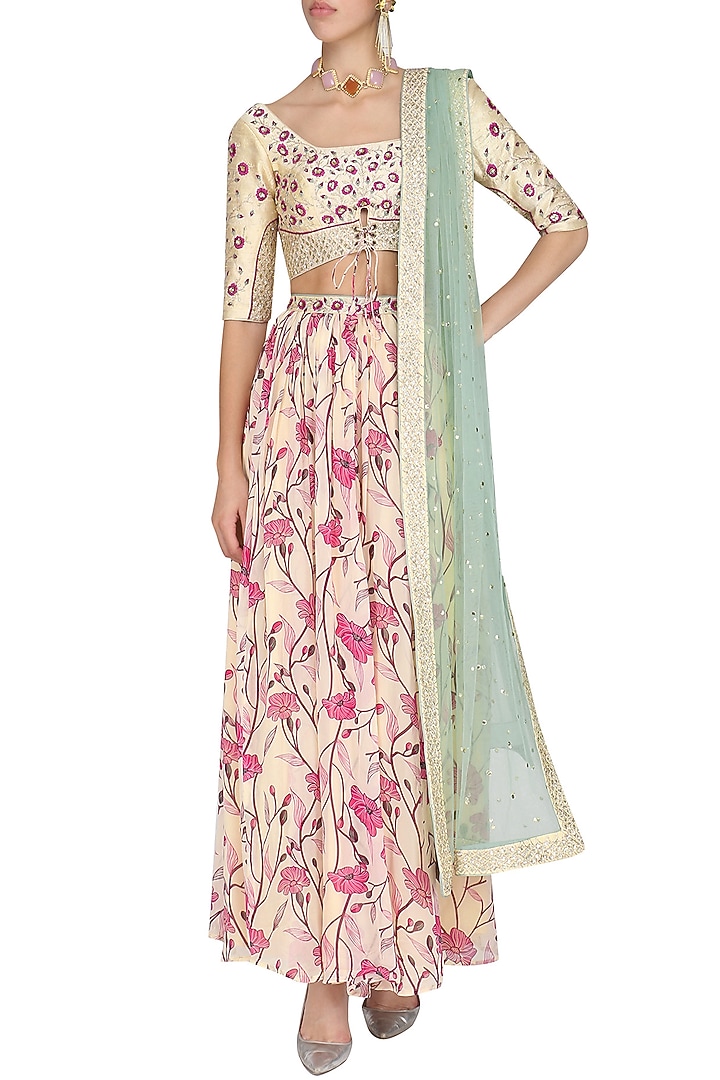 Cream and sage green embroidered lehenga set available only at Pernia's Pop Up Shop.