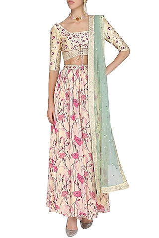 Cream and Sage Green Embroidered Lehenga Set by KAIA