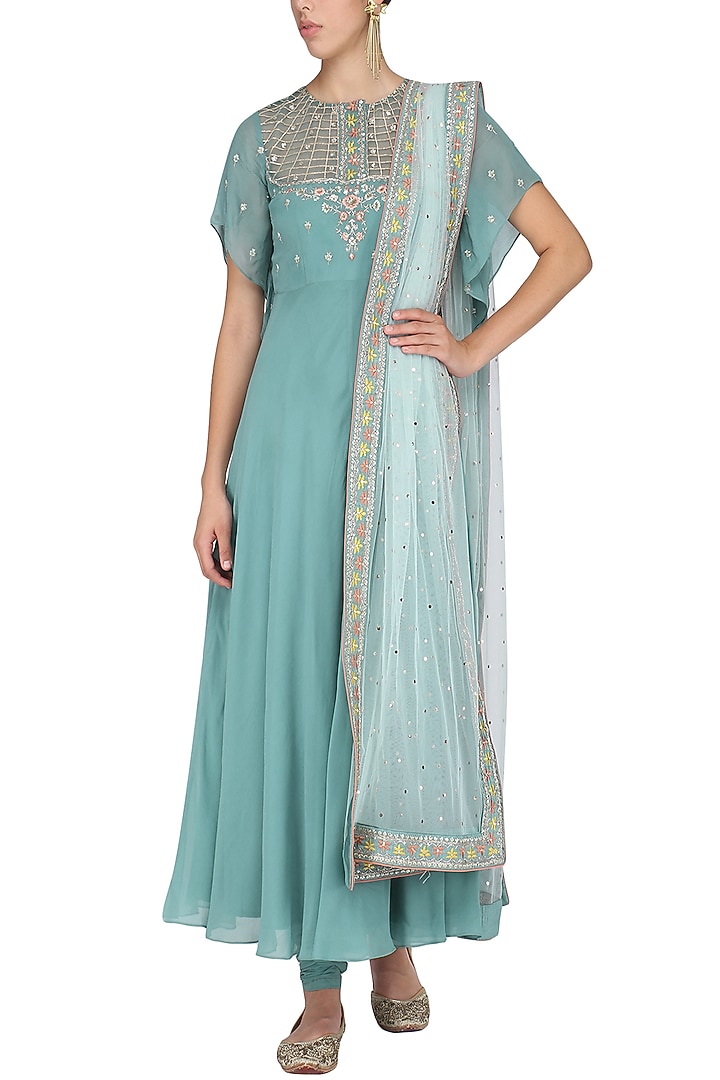 Sapphire blue embroidered anarkali set available only at Pernia's Pop Up Shop. 
