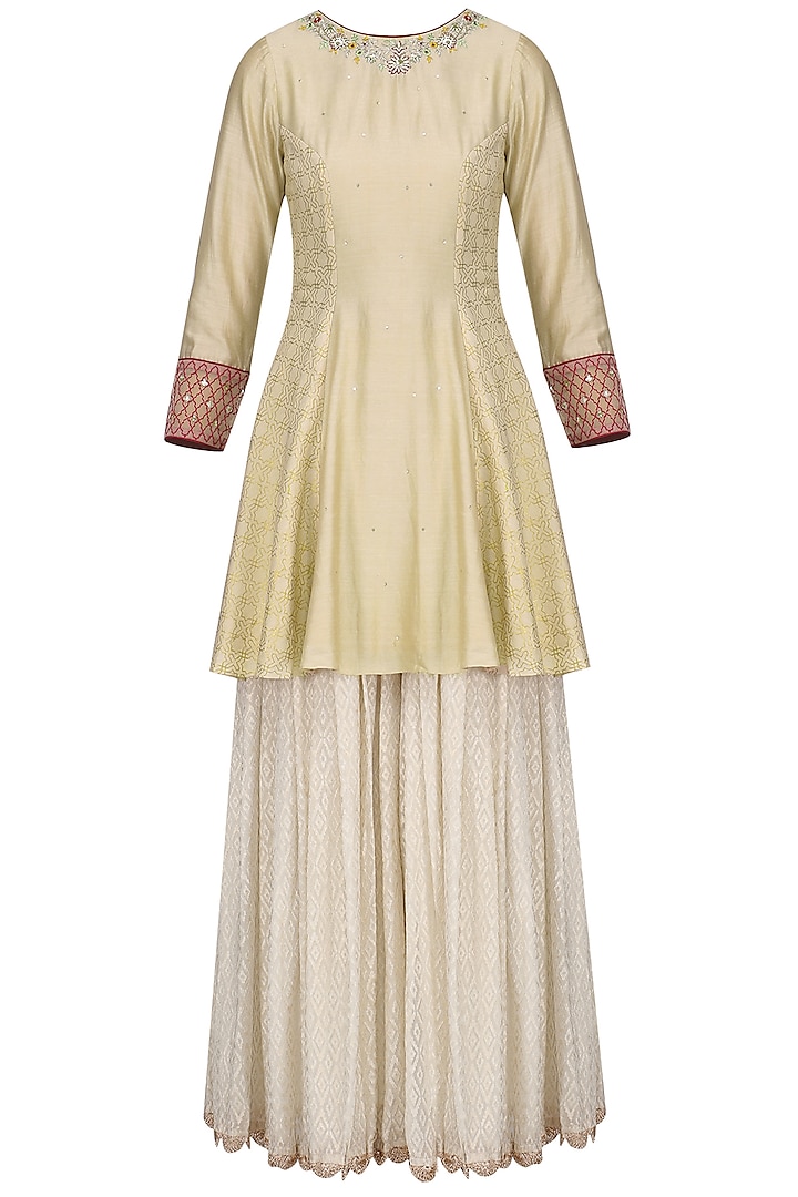 Gold and Off White Embroidered Sharara Set by KAIA