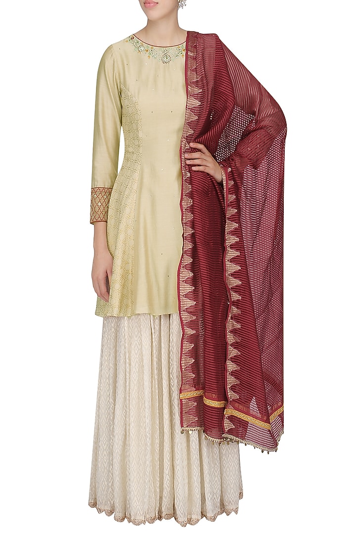 Gold and off white embroidered sharara set available only at Pernia's Pop Up Shop.