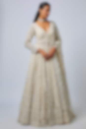 Ivory Tissue Organza Brocade Zardosi Embroidered Bridal Lehenga Set by Kalighata at Pernia's Pop Up Shop