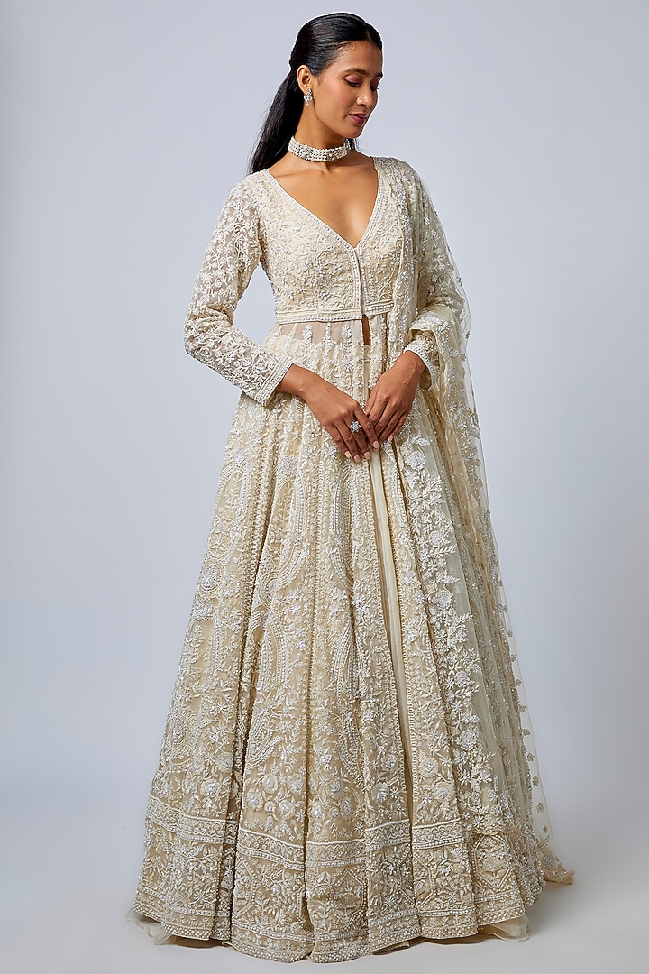 Ivory Tissue Organza Brocade Zardosi Embroidered Bridal Lehenga Set by Kalighata at Pernia's Pop Up Shop