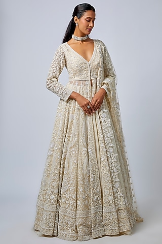 Ivory Tissue Organza Brocade Zardosi Embroidered Lehenga Set by Kalighata