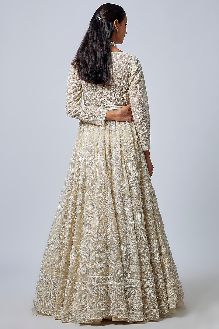 Ivory Tissue Organza Brocade Zardosi Embroidered Bridal Lehenga Set by Kalighata at Pernia's Pop Up Shop