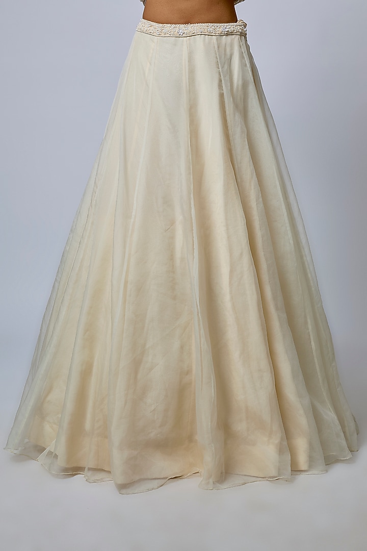 Ivory Tissue Organza Brocade Zardosi Embroidered Bridal Lehenga Set by Kalighata at Pernia's Pop Up Shop