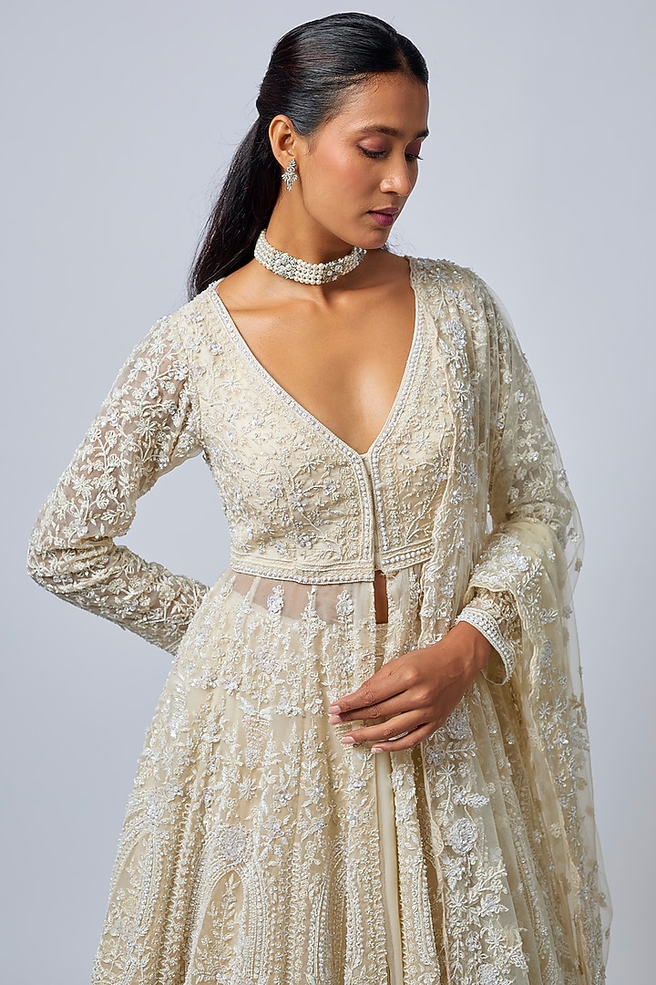 Ivory Tissue Organza Brocade Zardosi Embroidered Bridal Lehenga Set by Kalighata at Pernia's Pop Up Shop
