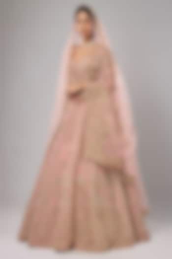 Blush Pink Raw Silk Zari Hand Embroidered Bridal Lehenga Set by Kalighata at Pernia's Pop Up Shop
