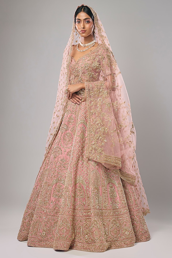 Blush Pink Raw Silk Zari Hand Embroidered Bridal Lehenga Set by Kalighata at Pernia's Pop Up Shop