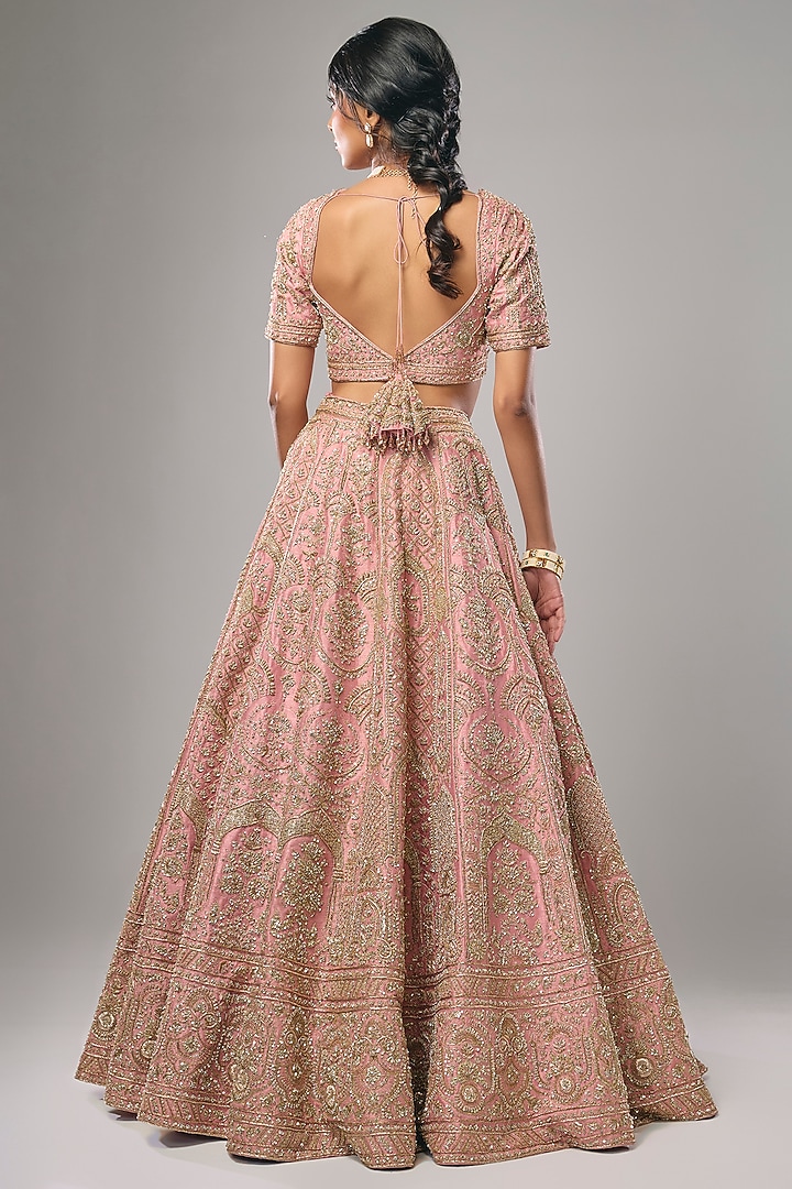 Blush Pink Raw Silk Zari Hand Embroidered Bridal Lehenga Set by Kalighata at Pernia's Pop Up Shop