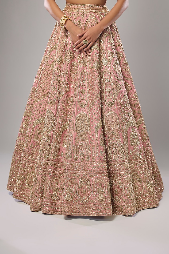 Blush Pink Raw Silk Zari Hand Embroidered Bridal Lehenga Set by Kalighata at Pernia's Pop Up Shop